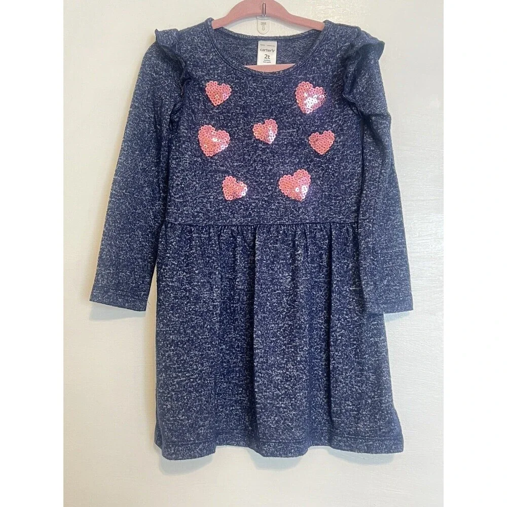 Toddler Girls Sequin Hearts Jersey Dress Lightweight Long Sleeve Blue Pink 2T